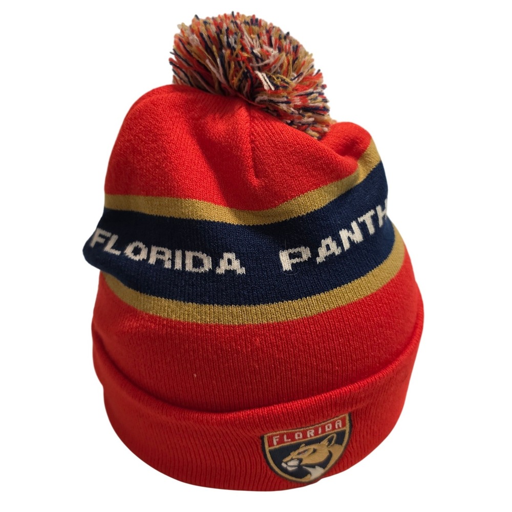 Florida Panthers 2024 Champions Knit Beanie Pom Hat BMW Logo Red Mens NHL